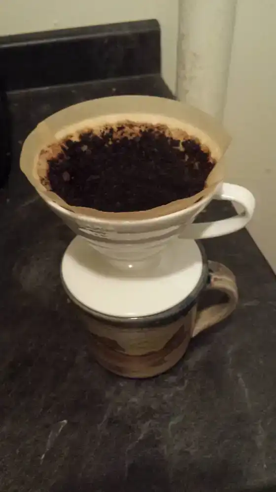 Porte-filtre Hario V60 posé sur une tasse.